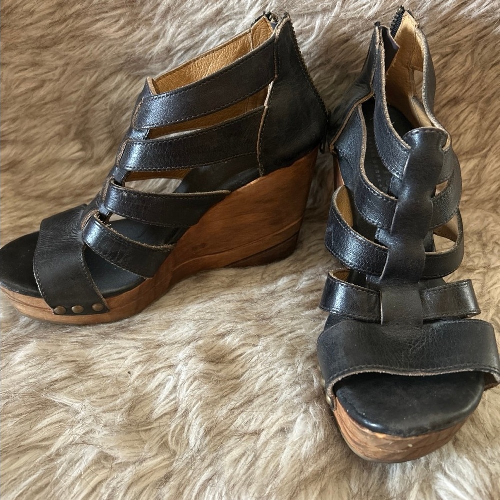 Bed Stu Black Leather Wedge Sandals
